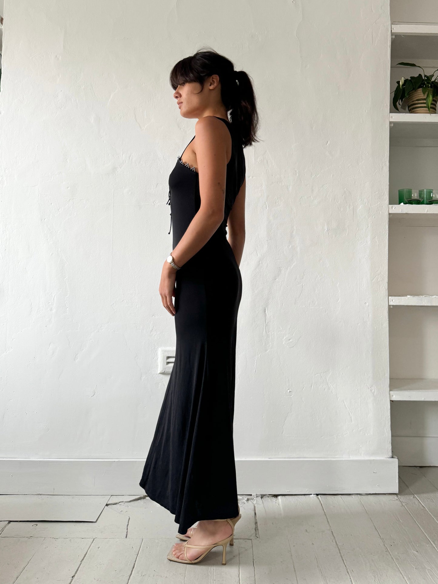 Roccobarocco Black Maxi Dress with Silver Detail