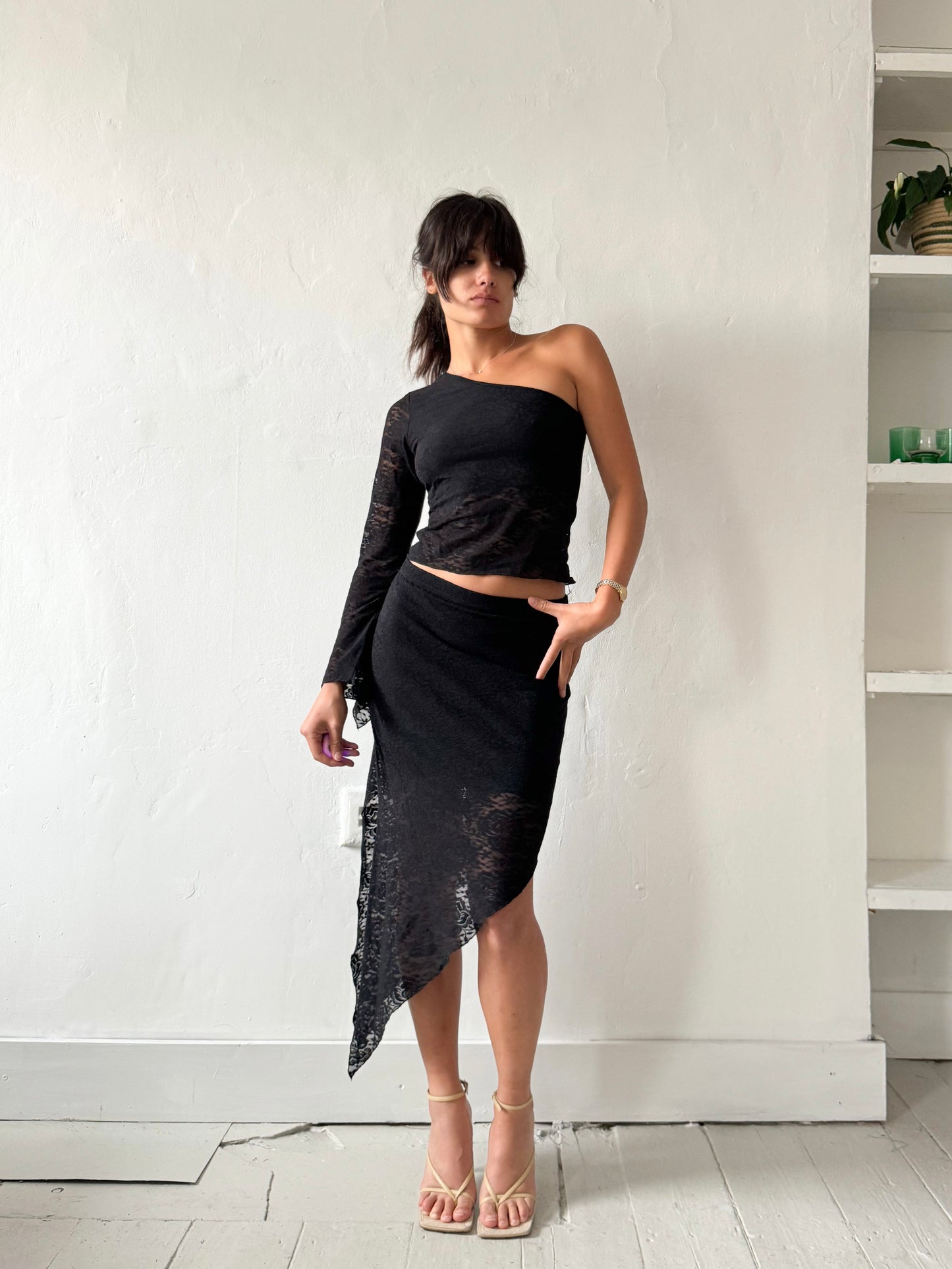 Ce. Me. 00s Black Lace Asymmetric Skirt & Top Set