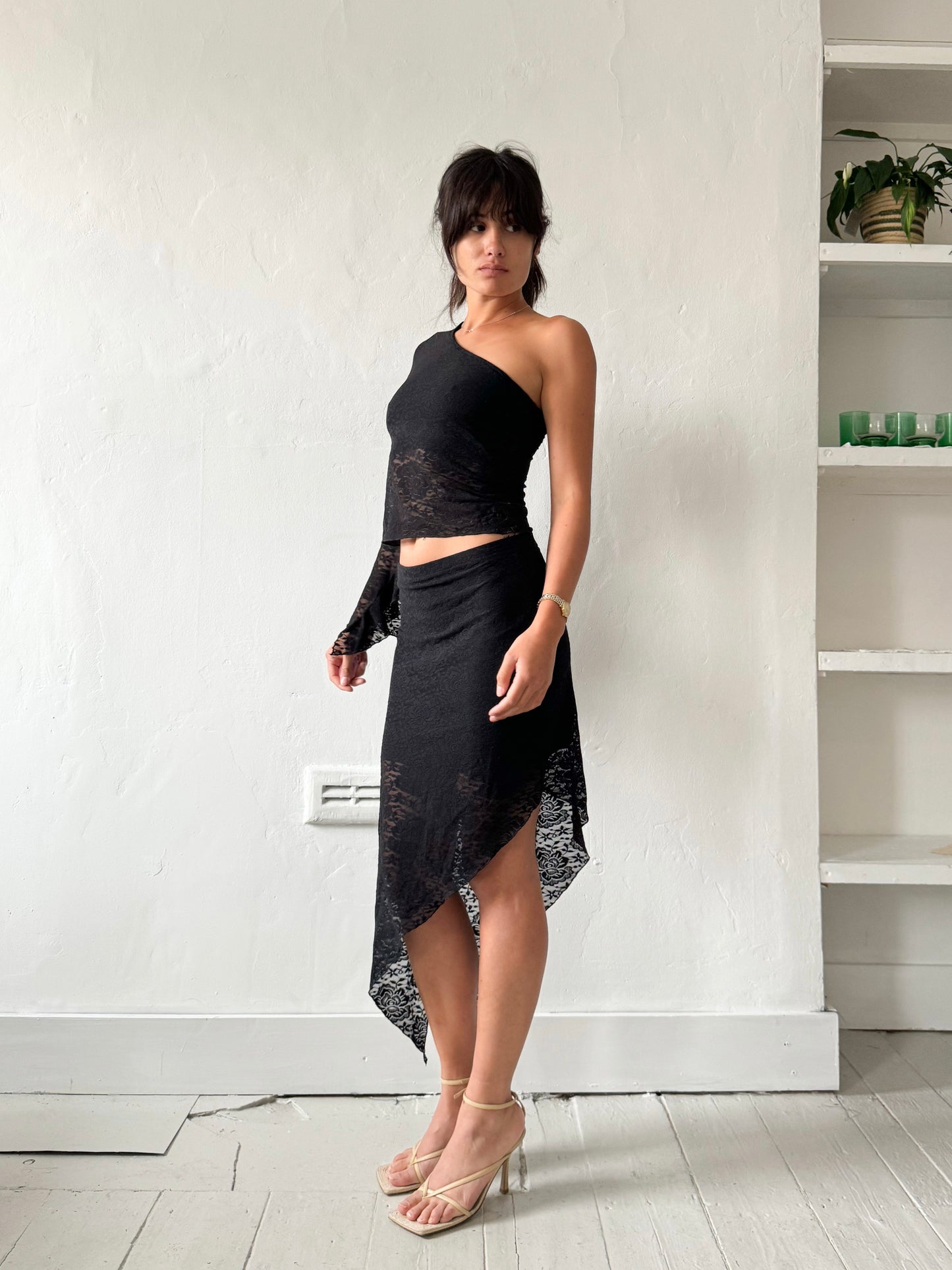 Ce. Me. 00s Black Lace Asymmetric Skirt & Top Set